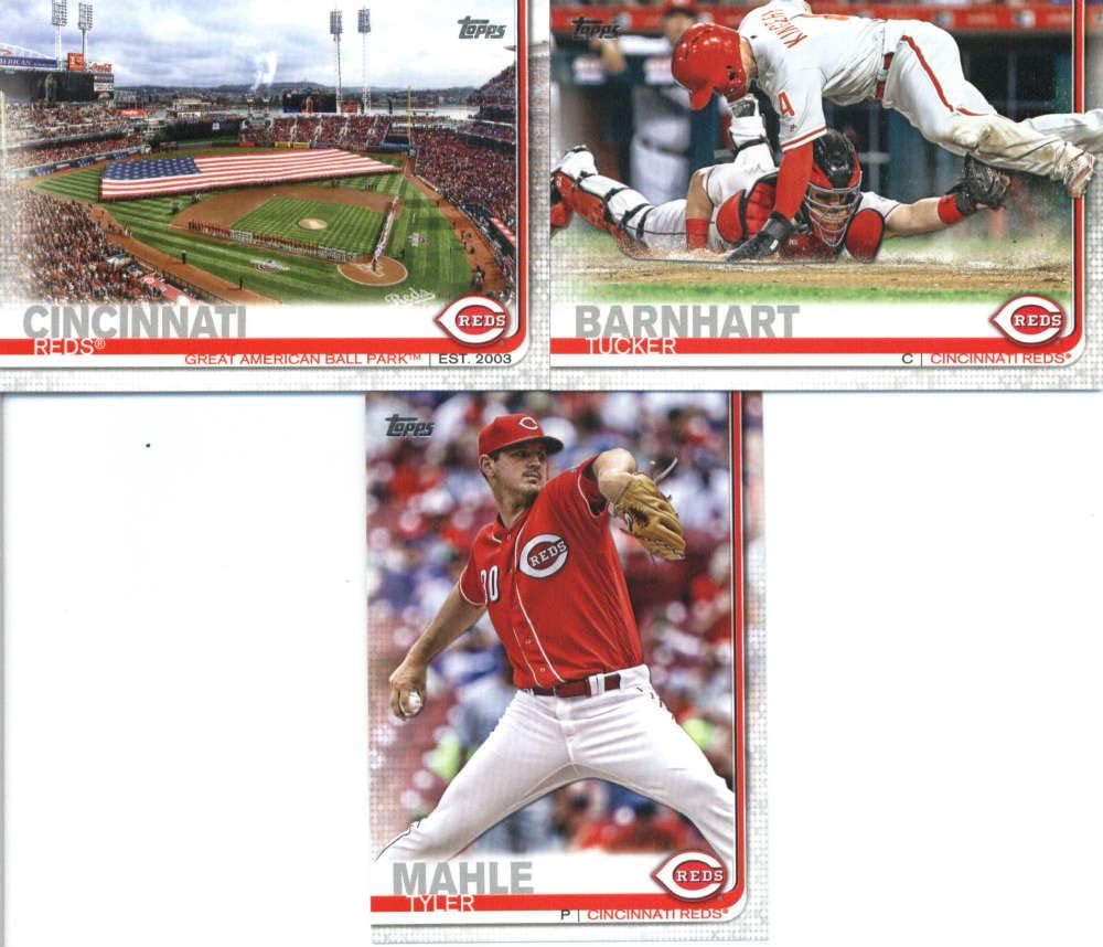 2019 Topps Master (Series 1 & 2, Update) Baseball Cincinnati Reds Team Set of 33 Cards: Eugenio Suarez(#29), Curt Casali(#US3), Scooter Gennett(#107), Jesse Winker(#146), Luis Castillo(#156), Billy Hamilton(#164), Scott Schebler(#218), Joey Votto(#284), Michael Lorenzen(#304), Sal Romano(#343), Alex Blandino(#374), Cody Reed(#375), Tyler Mahle(#399), Matt Kemp(#454), Alex Wood(#464), Raisel Iglesias(#465), Anthony DeSclafani(#468), plus more