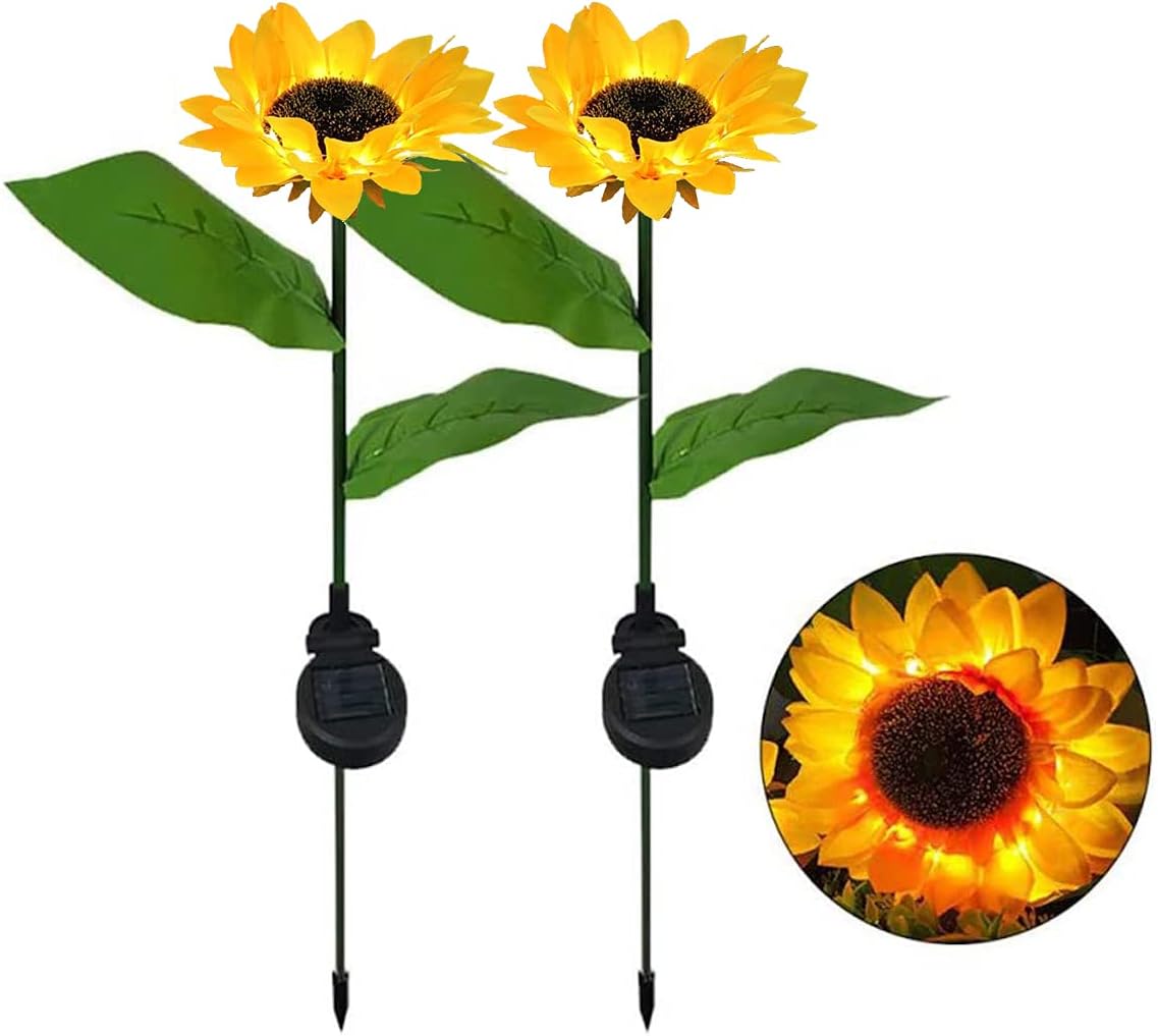 JHBOX Solar Sunflower Lights Outdoor Fall Decor 2 Pack, Flower Lights Fall Yard Decorations, Solar Flowers Christmas Winter Holiday Decorative Garden Stakes as Jardineria Y Patio Decoracion