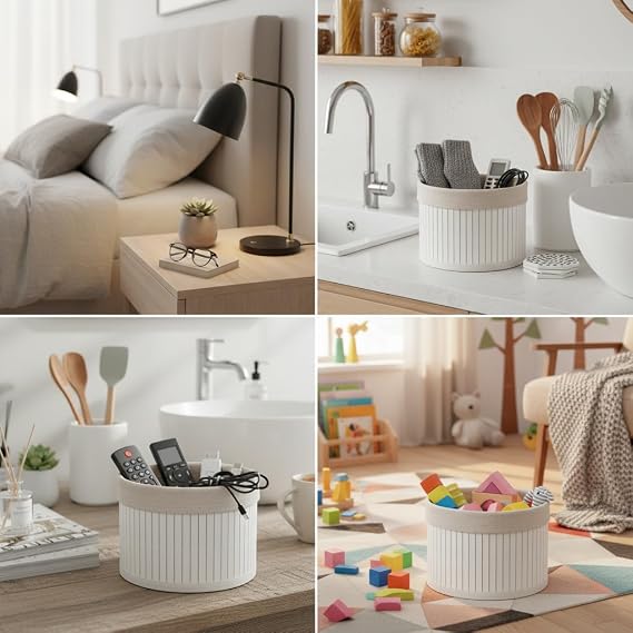 Deconox Yuvarlak Bambu Düzenleyici ve Saklama Sepeti – Beyaz Ahşap Çıtalı Banyo, Makyaj ve Ofis Organizeri, Kumaş Astarlı Çok Amaçlı Dekoratif Kutu (18x13 cm)
