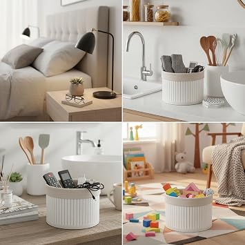Deconox Yuvarlak Bambu Düzenleyici ve Saklama Sepeti – Beyaz Ahşap Çıtalı Banyo, Makyaj ve Ofis Organizeri, Kumaş Astarlı Çok Amaçlı Dekoratif Kutu (18x13 cm)