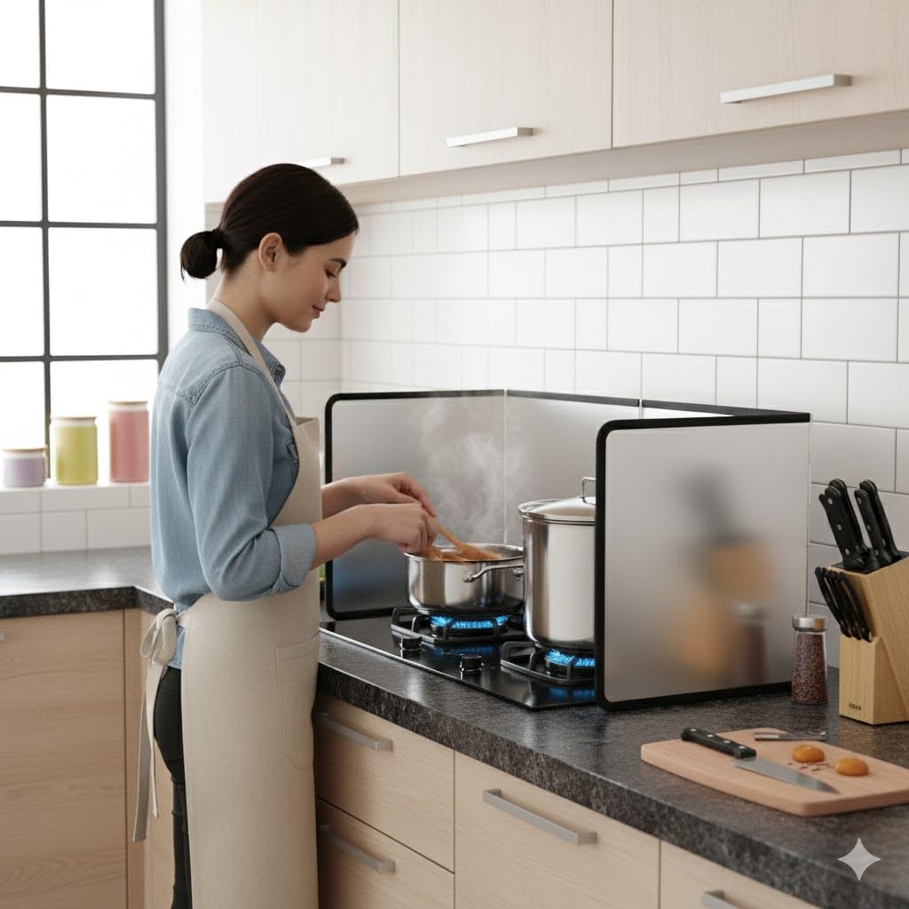 4 fold Stainless Steel Oil Baffle Splatter Shield Guard Kitchen Oil Water Splash Guard for Kitchen Stove and Sink (Rubber Guard, 76 L x 30 W x 30 H CM)