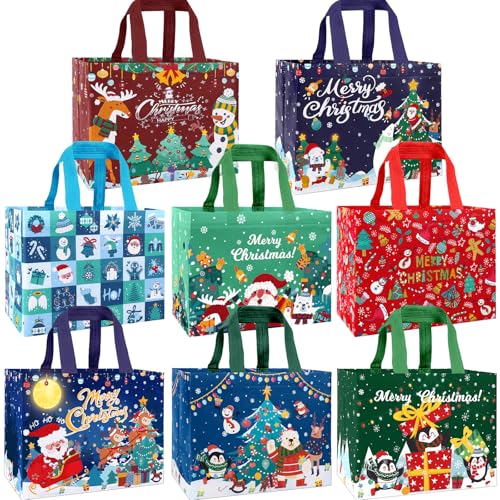Dulefun 8pcs Christmas Tote Bags - Non-Woven Reusable Treat Bags for Christmas Holiday Party Favors
