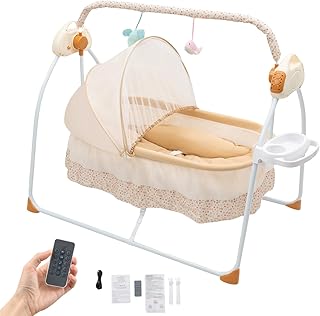Electric Baby Rocker Dual Control 5-Speed Bluetooth Baby Swing Chair From Birth 25Kg Safety Rocking Crib Intelligent Rocker Bed With 12 Songs & Timing & 2 Plush Toys & Bottle Holder & Mosquito Net