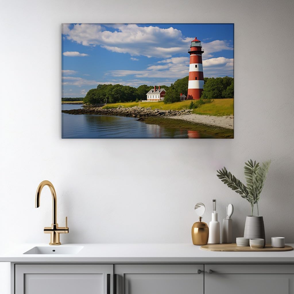 Canvas for Living Room. Lighthouse Elegance: Red and White Stripes Against a Pastoral Shoreline Escape, 27 x 18 inch Canvas Wall Art - Modern Home Decor