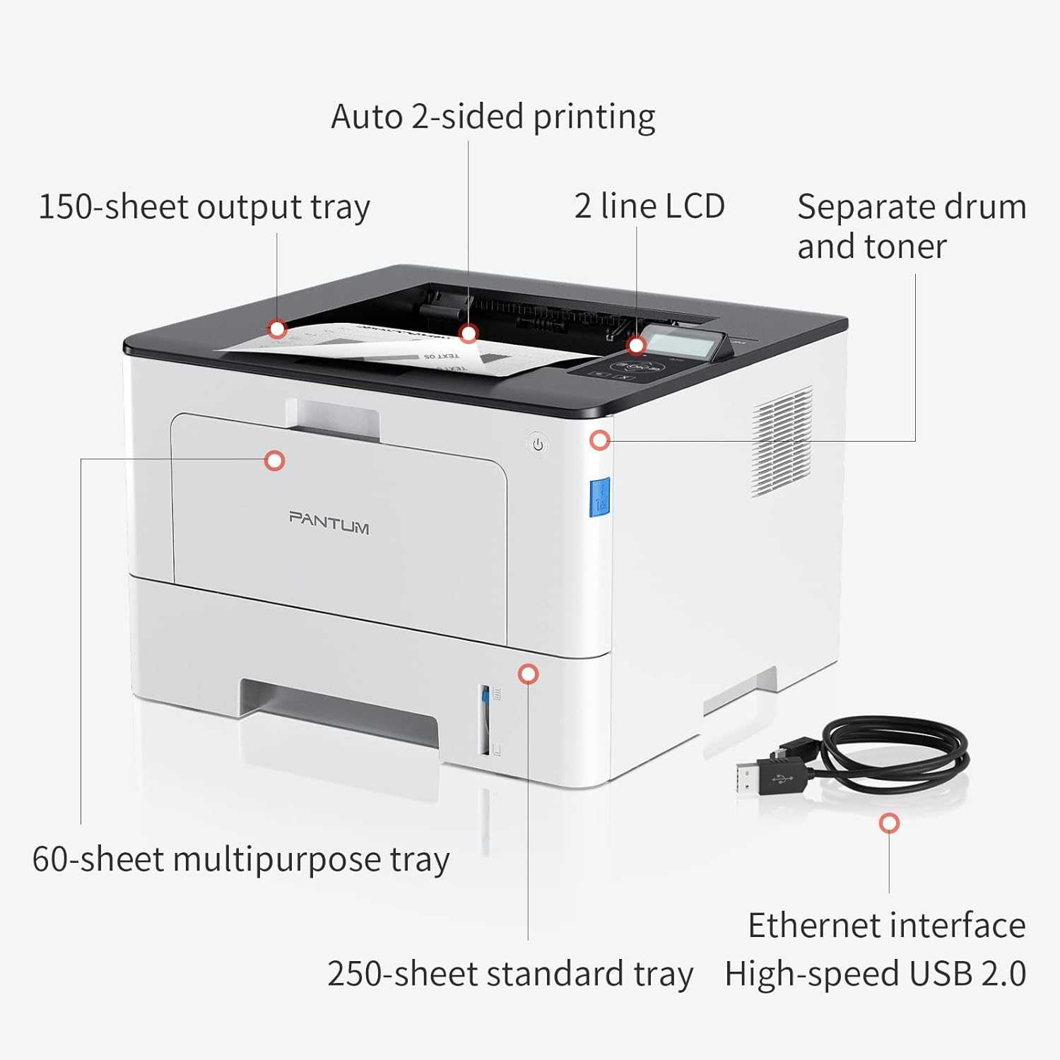 Diagram of the Pantum BP5100DN printer with labels for its main components: 150-sheet output tray, 2-line LCD, separate drum and toner, 60-sheet multipurpose tray, 250-sheet standard tray, Ethernet interface, and High-speed USB 2.0 port.