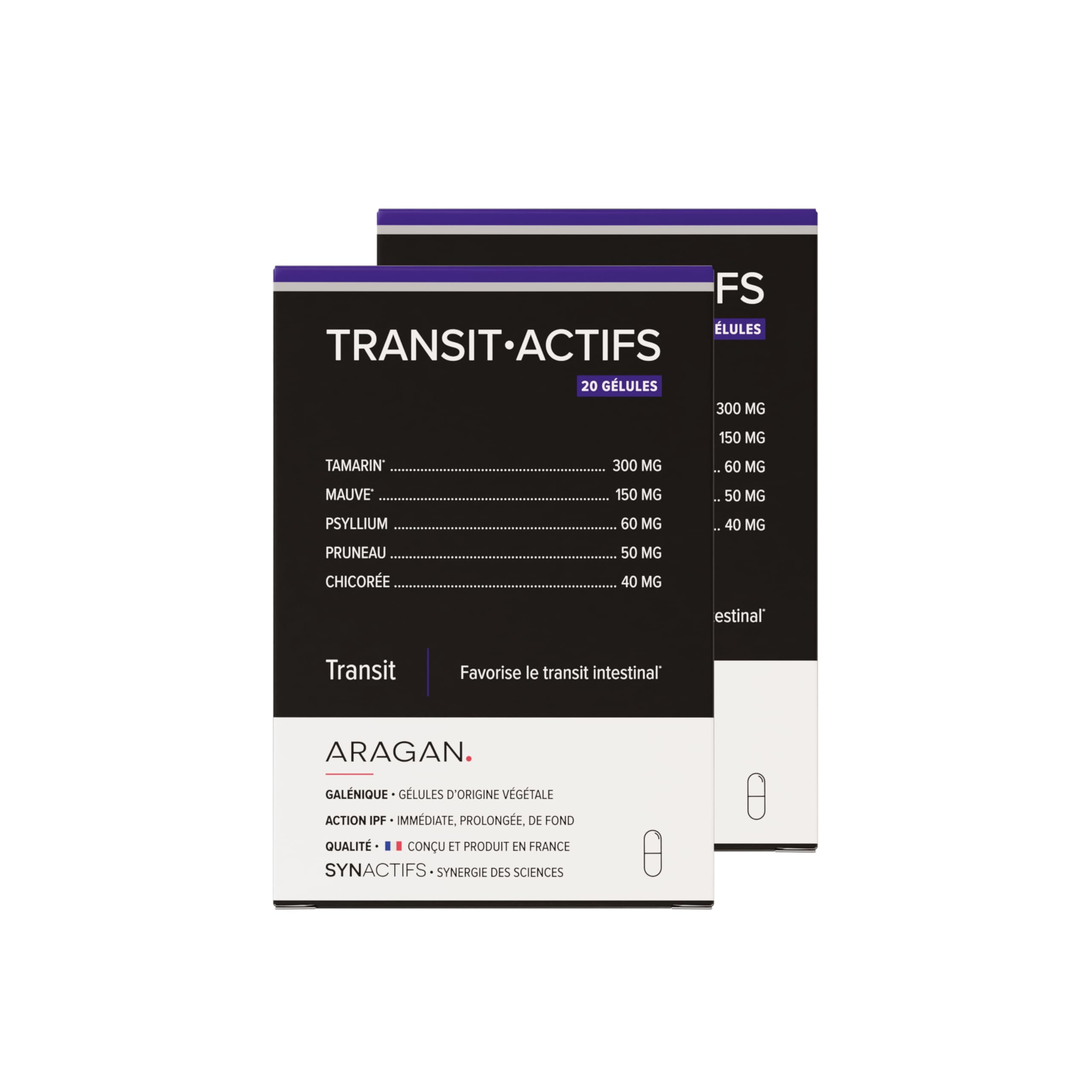 ARAGAN - Synactifs Lot de 2 Transitactifs - Complément Alimentaire Transit Intestinal - Tamarin, Mauve, Psyllium, Pruneau, Chicorée - 40 gélules - 20 jours de prise - Fabriqué en France