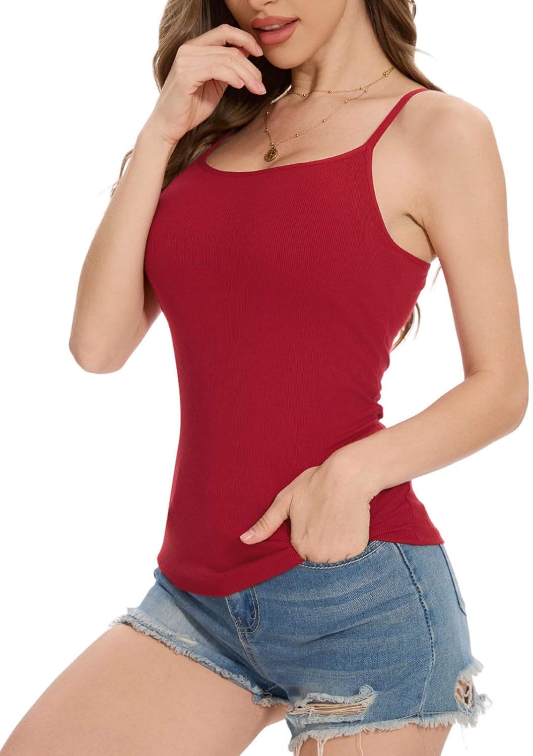 Womens Camisole Tank with Built in Bra Ribbed Camisole Tops Spaghetti Straps Tank Tops - Image 3