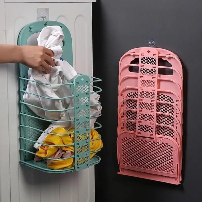 Wall Mounted Foldable Laundry Basket with Magic Sticker | Plastic Hanging Mesh Laundry Hamper for Bathroom, Bedroom & Laundry Room | Space Saving Dirty Clothes Storage Bin | Portable Folding-picture-25