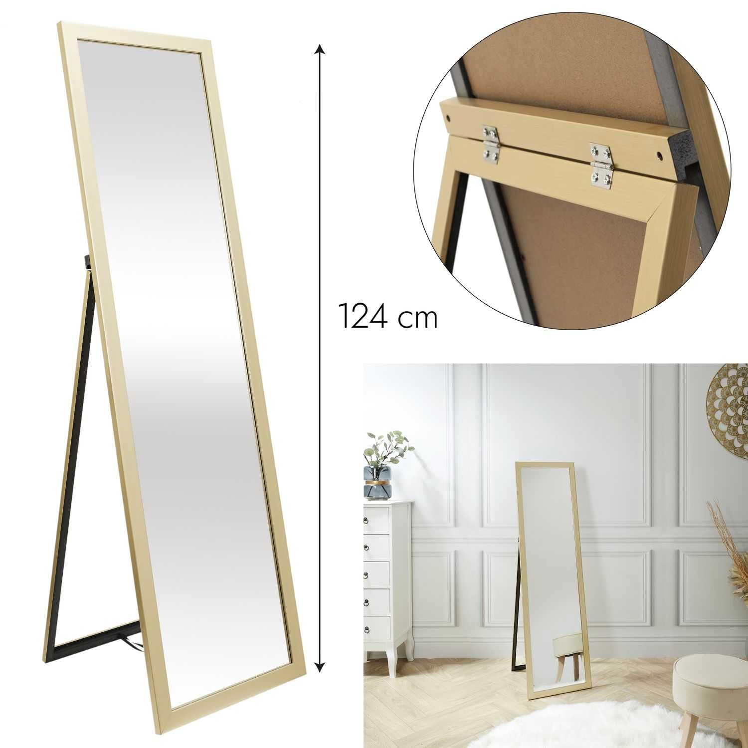 Miroir sur Pied Doré 124 cm, Design Raffiné pour Salon, Chambre ou Bureau