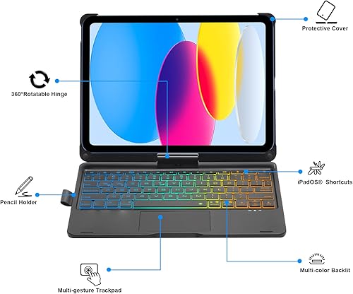 Miniatura 5 de JADEMALL Touchpad - Funda para iPad de 10 generación con teclado funda para teclado retroiluminada con trackpad multitáctil y soporte para lápices
