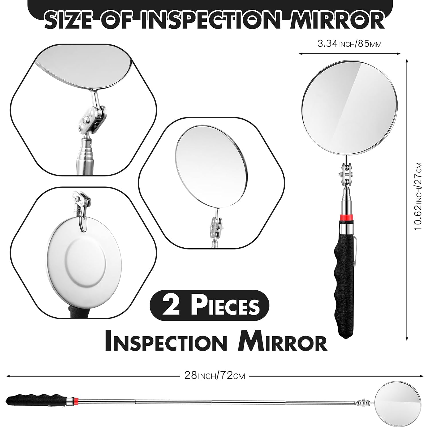 Copkim 2 Pcs Telescoping Inspection Mirror Mechanics Mirror,85mm,Black | Round Extendable Handle for Technicians, HVAC Hard-to-reach Areas, Adjustable Angle Joint, Contractor Observation