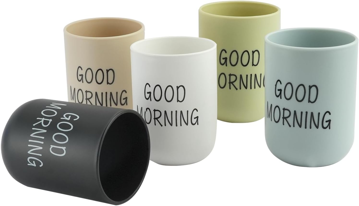 5PCS Good Morning Bathroom Cups, Unbreakable Plastic Toothbrush Cups Holder, Reusable Dishwasher Safe Bathroom Tumblers, 330ml Mouthwash Drinking Cup Portable for Family Travel Camping