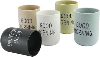 5PCS Good Morning Bathroom Cups, Unbreakable Plastic Toothbrush Cups Holder, Reusable Dishwasher Safe Bathroom Tumblers, 330ml Mouthwash Drinking Cup Portable for Family Travel Camping