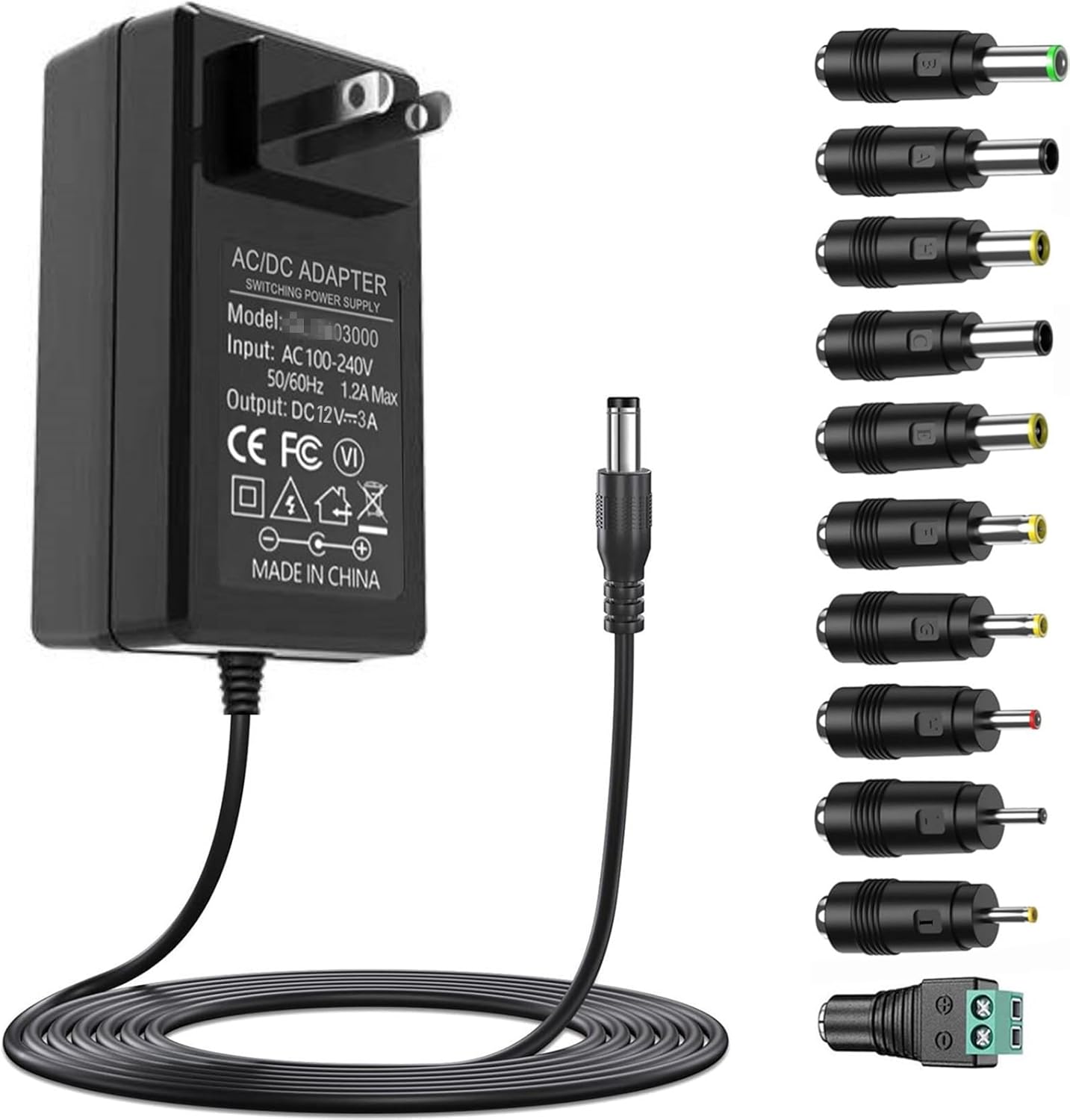 12V 3A Power Supply AC Adapter Charger with 11 Changeable DC Plug Tips AC120V to DC 12Volts 3A 2.5A 2A 1.5A 1A Power Adapter DC12V Switching Power Supply Cord for LED Strip Lights GPS PC Display