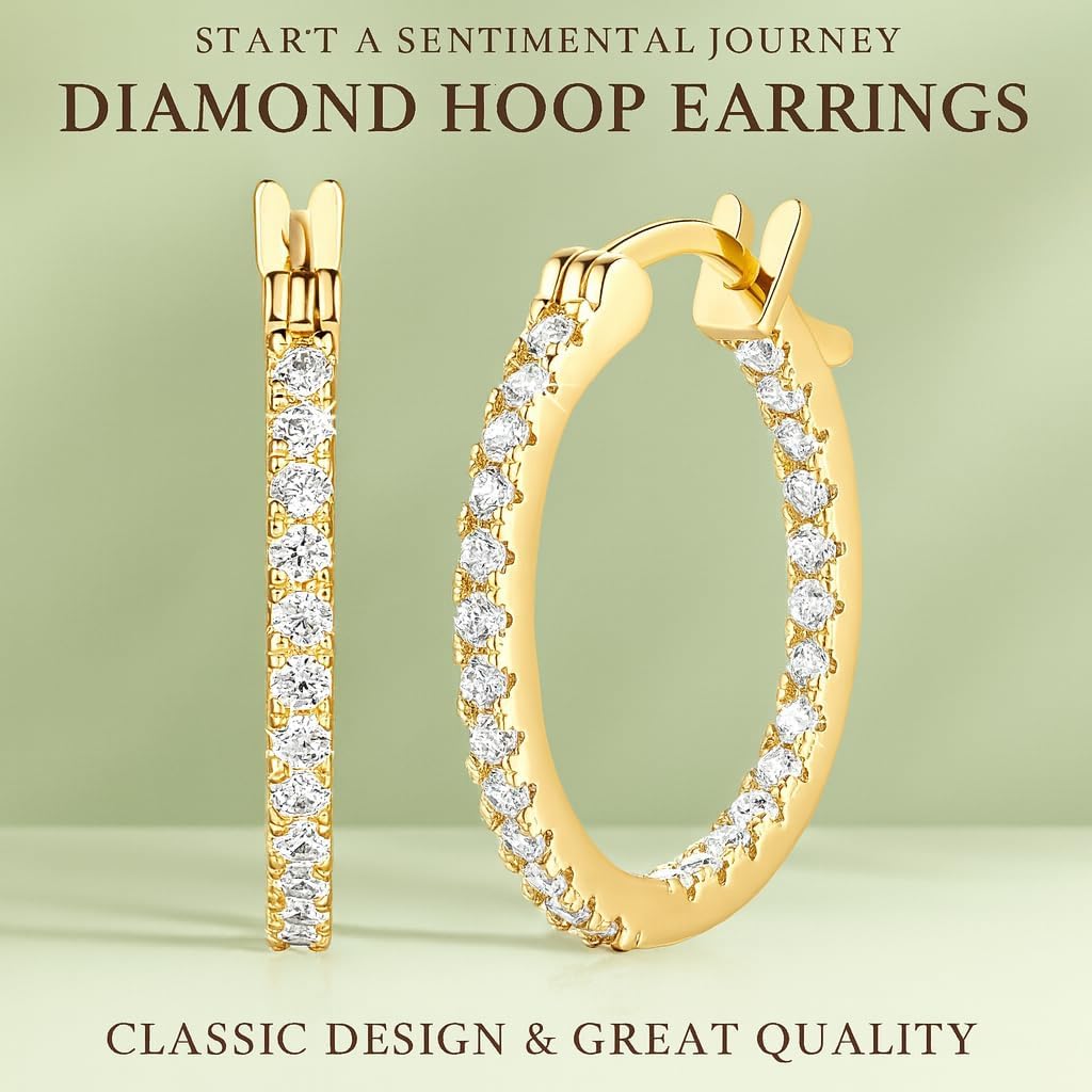 14K Gold Hoop Earrings with Dual-Sided CZ for Women, Hypoallergenic for Sensitive Ears, 15/20/30mm