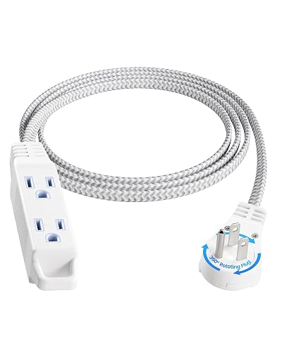 SURAIELEC - 6 ft Flat Braided Extension Cord with 3 Power outlets - 360° Swivel - Braided Flat wall Socket - 16 AWG - White - for Indoor use