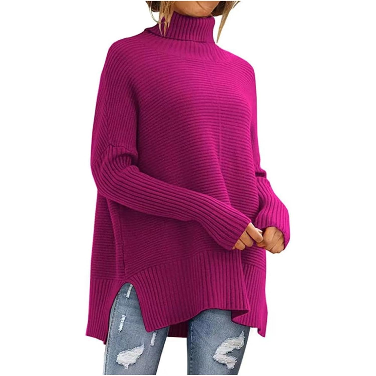 Womens Turtleneck Sweaters Batwing Sleeve Ribbed Tunic Sweater Split Hem Casual Oversized Fall Winter Clothes