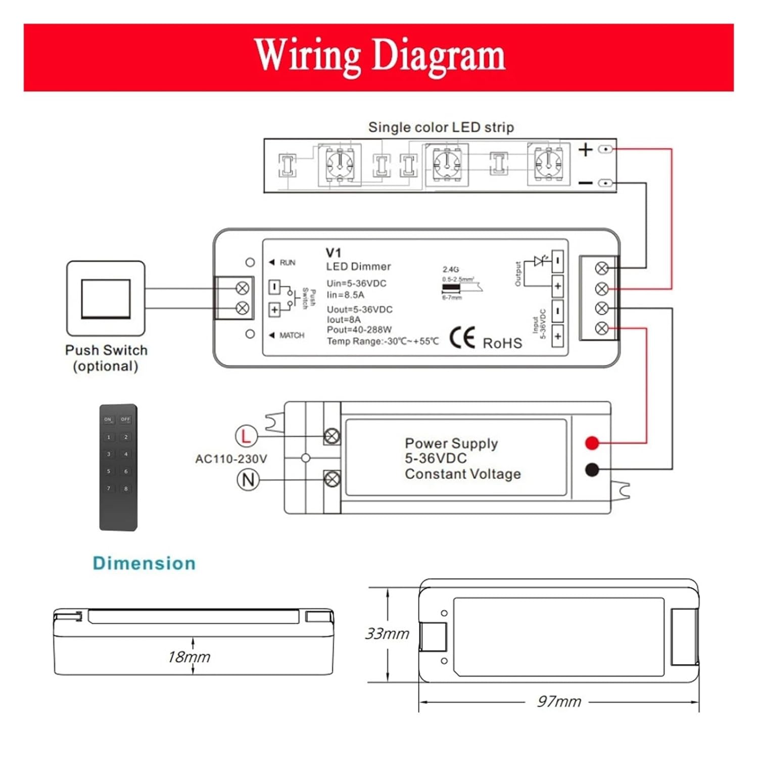 LED CV Controller DC 5V 12V 24V 36V dimmer with Push dimming Fade in and Fade Out Mode Automatic Transmission Function 1CH 8A