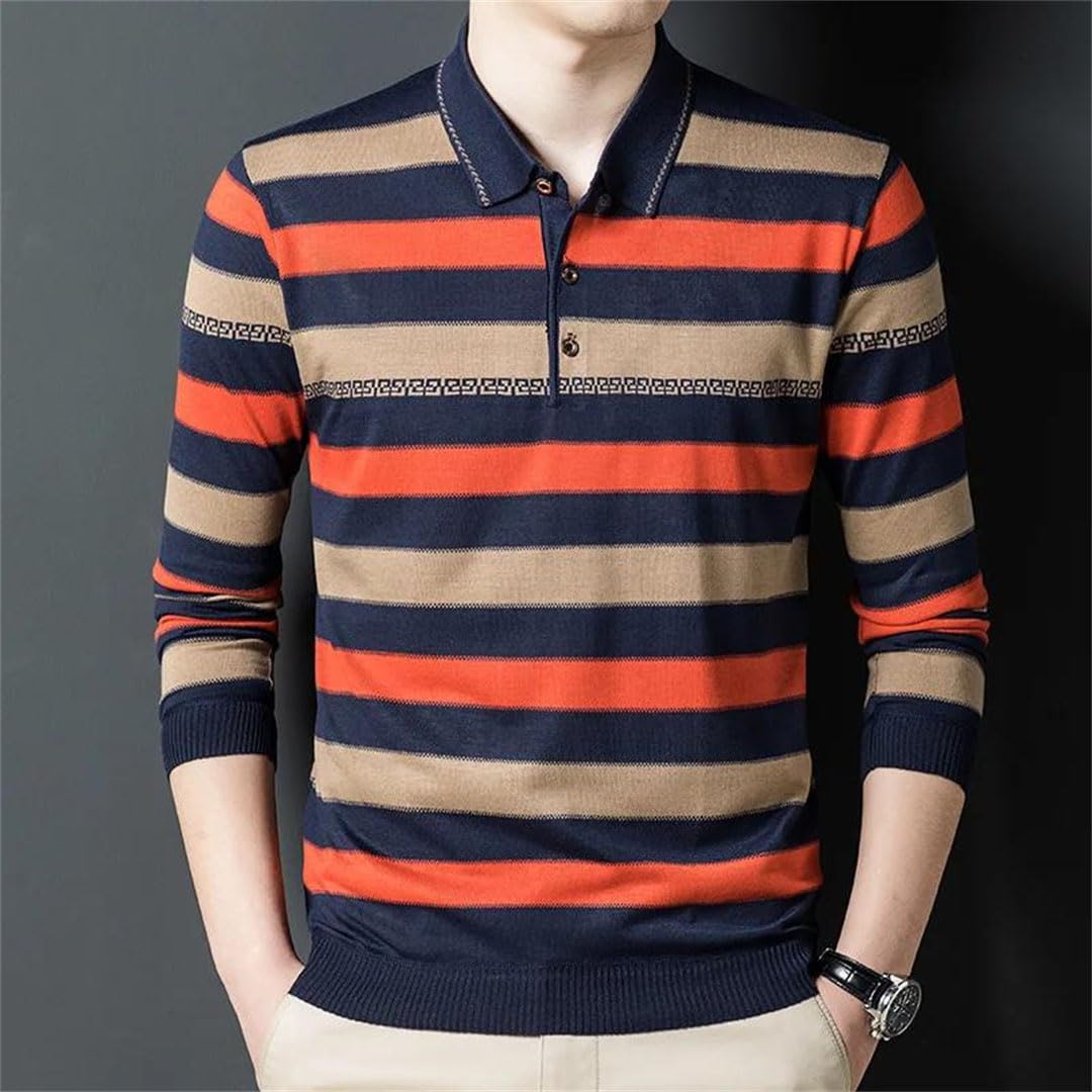 Camiseta polo de manga larga con botones a rayas para hombre, para negocios, ajustada, holgada