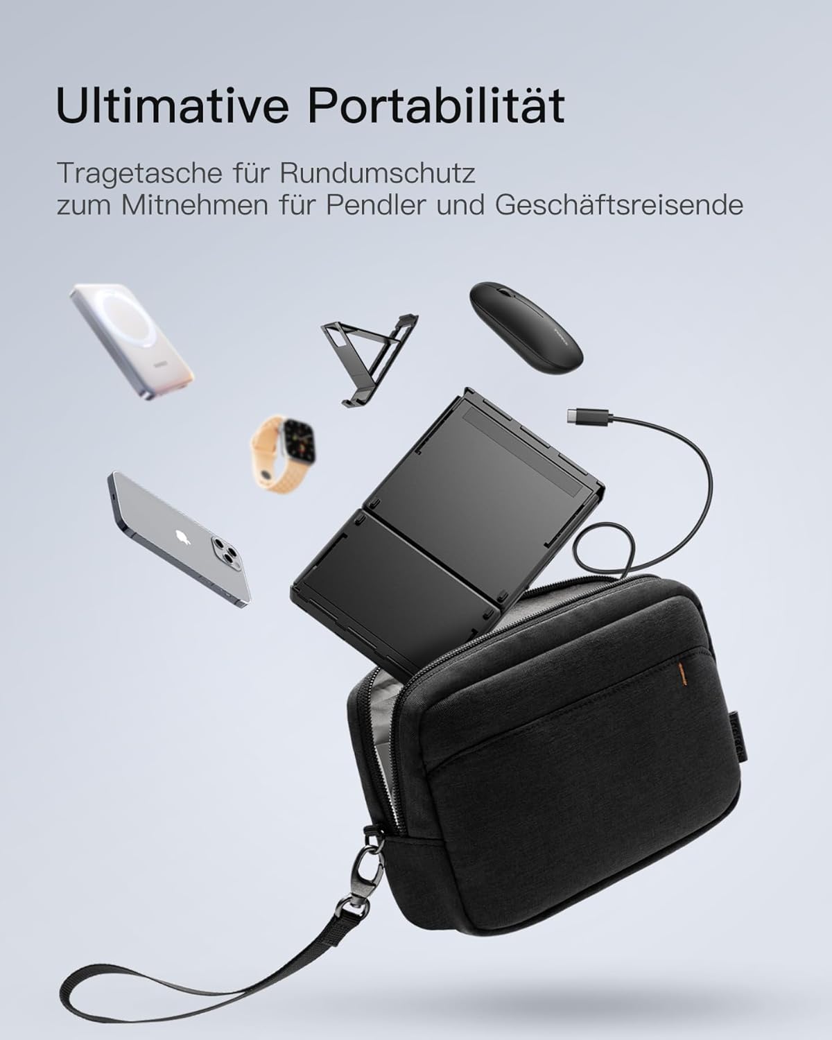 Inateck Nomad N0158 accessory bag with keyboard, mouse, and stand components.