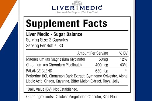Miniatura 2 de Liver Medic Suplemento complejo de azúcar en sangre que apoya niveles de energía normales y saludables, todo natural con berberina, canela, melón
