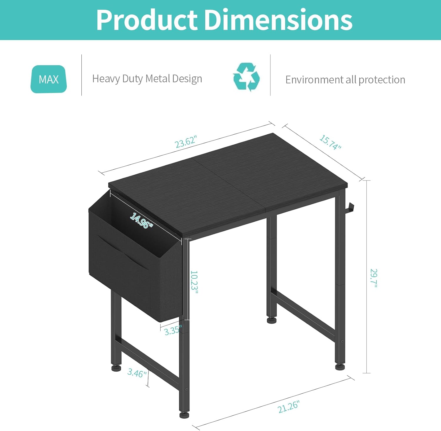 Lufeiya Small Desk for Small Spaces, 24 Inch Kids Girls Study Writing Mini Desks for Bedroom, Simple Modern Laptop PC Little Side Table with Storage Bag Headphone Hooks, Black - Image 3