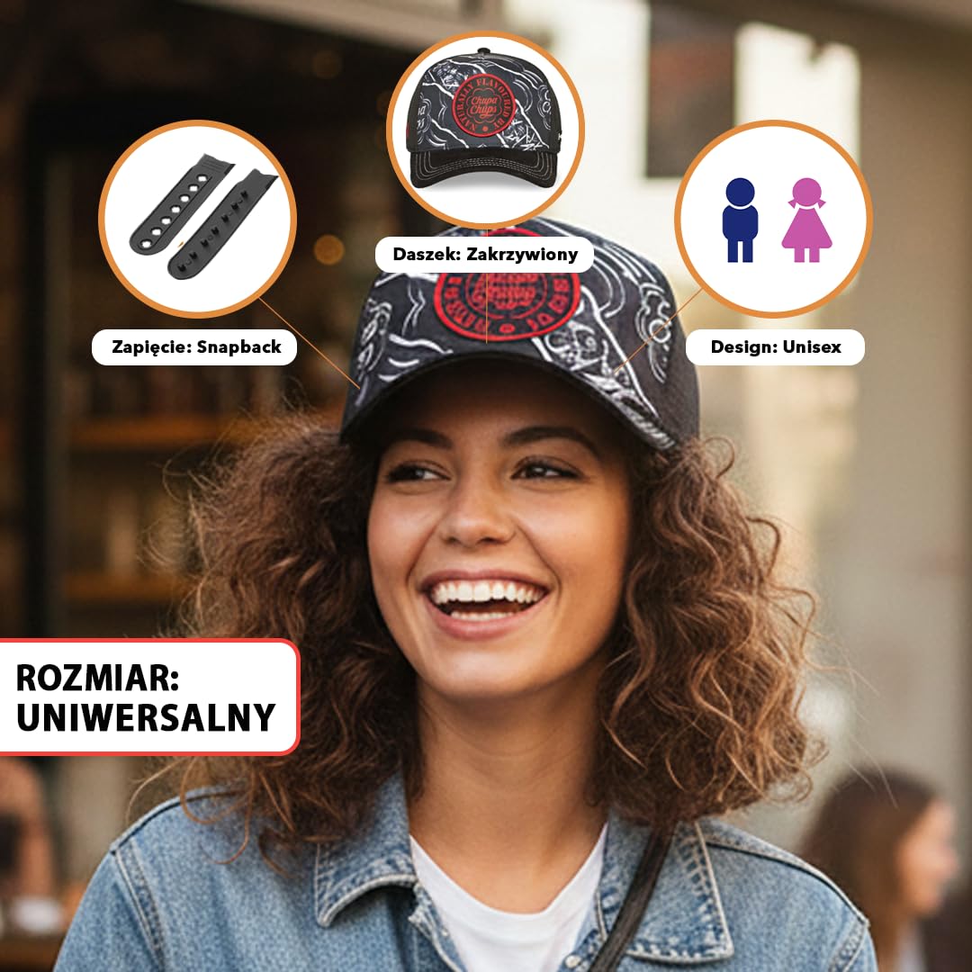 Capslab | Czarna Czapka Trucker | Model CC3 NIG Chupa Chups | Dla Dorosłych | Oryginalny, Retro i Urban Design | Regulowane Zapięcie i Oddychający Panel Siatkowy | Idealna do Aktywności Na Świeżym