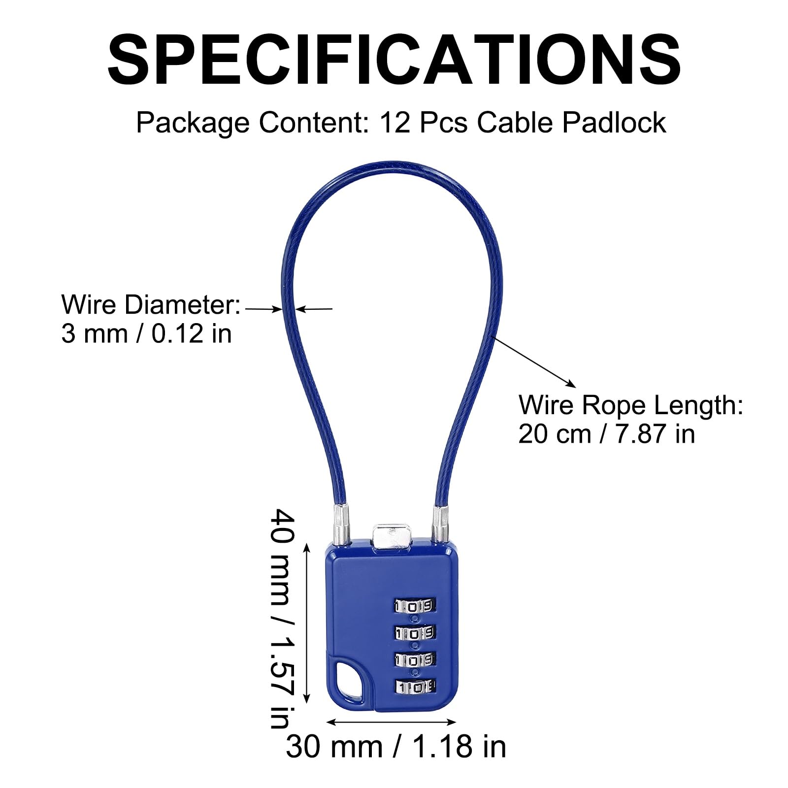 Cadenas à combinaison à 4 chiffres avec câble flexible de 7.9in / 20 cm – 12 verrous réinitialisables pour valise, bagages, sac à dos, boîte à outils, casiers de gym, casiers, casque, bleu