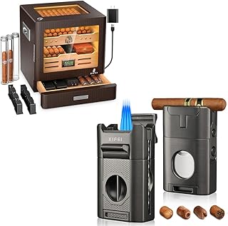 XIFEI 6-in-1 Desktop Cigar Lighter and LED Lighting Cigar Cabinet with Accessory Drawer, Desktop Cedar Wood Humidor