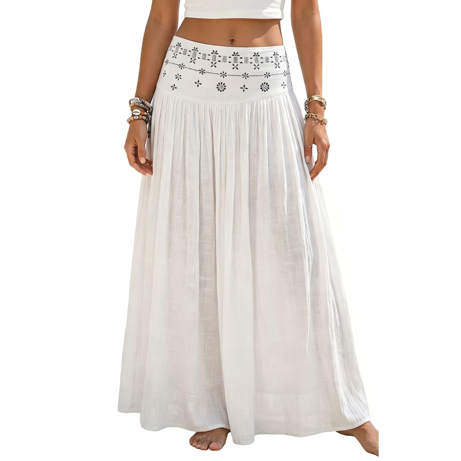 UYHBCNQD Women's Maxi Skirts Solid Color Midi Long Skirt Rhinestone Decor(Wei�,Lagre)