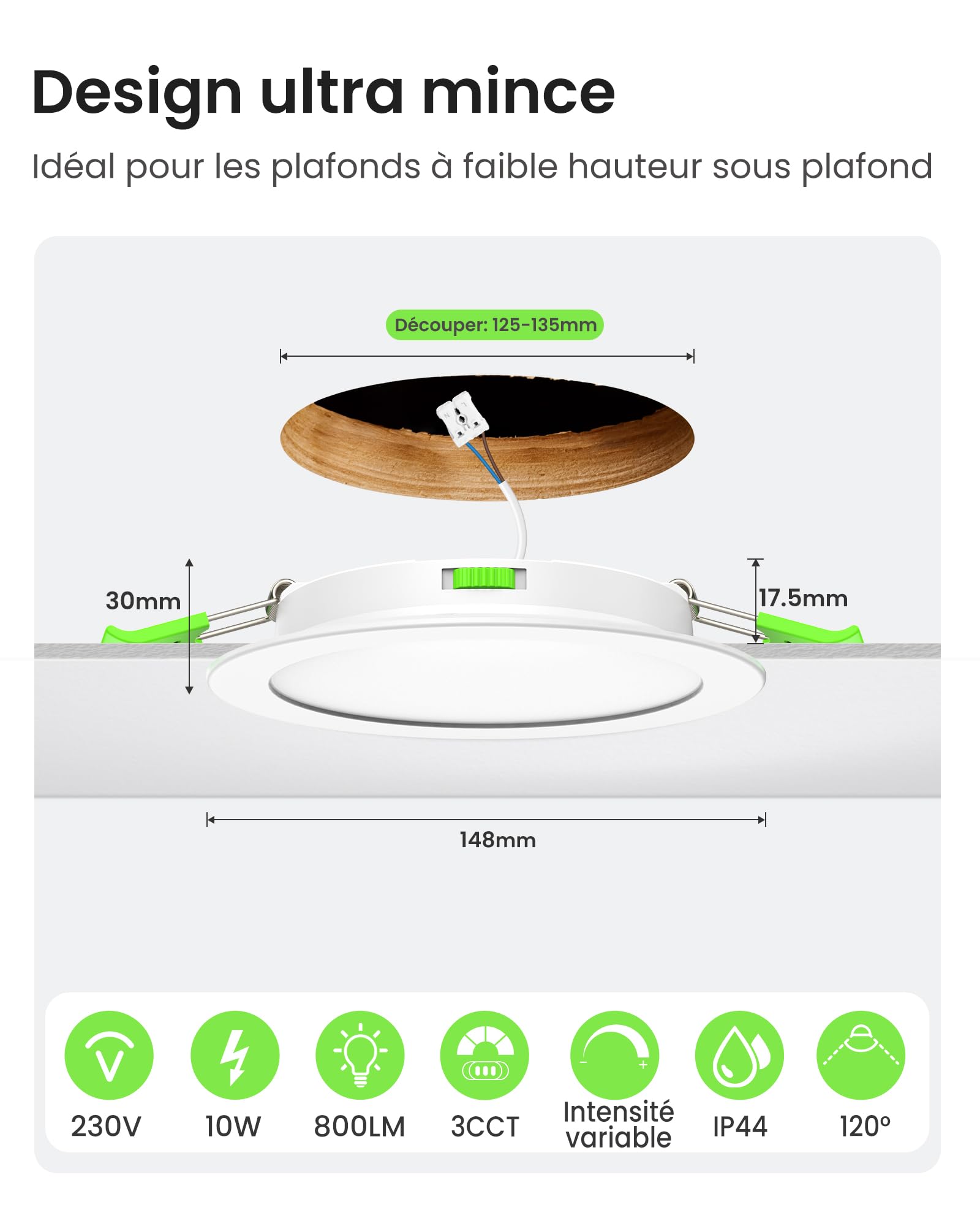 LED Spot Encastrable Extra Plat 230V, 10W 800 Lumen Dimmable Rond Ultra Slim éclairage Plafond Encastré, Blanc Chaud 3000K Blanc Neutre 4000K Blanc Froid 6500K Pour Salle de Bain, Cuisine, Lot de 12