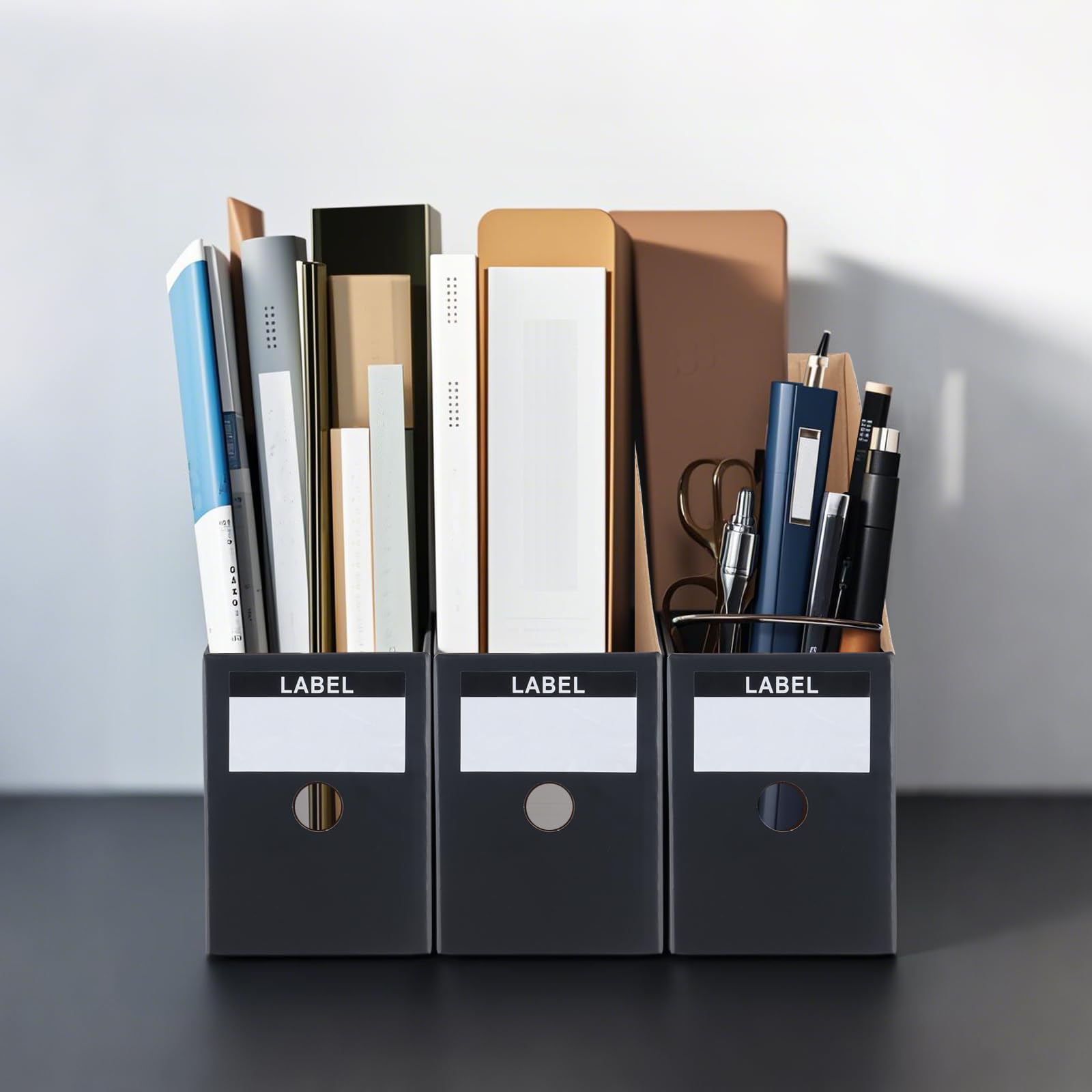 SINJEUN 18 raccoglitori in cartone nero, 26 x 9 x 27 cm, formato A4, portariviste in cartone, organizer da scrivania per casa, ufficio