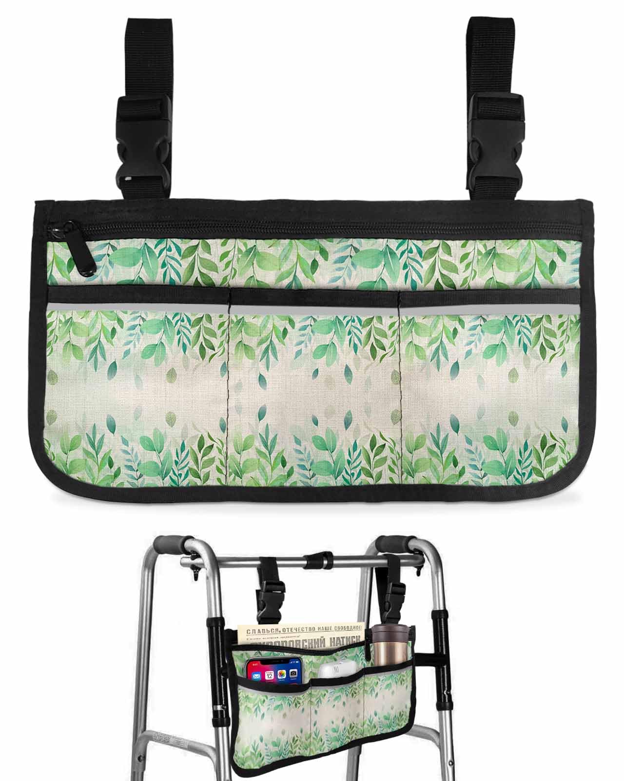Anzona Light Green Botanical Wheelchair Side Bag Walker Bag, Rustic Eucalyptus Leaves Burlap Wheelchair Accessories Armrest Pouch, Organizer Storage Bag for Walkers, Rollators, Scooters, 7.3''x13''
