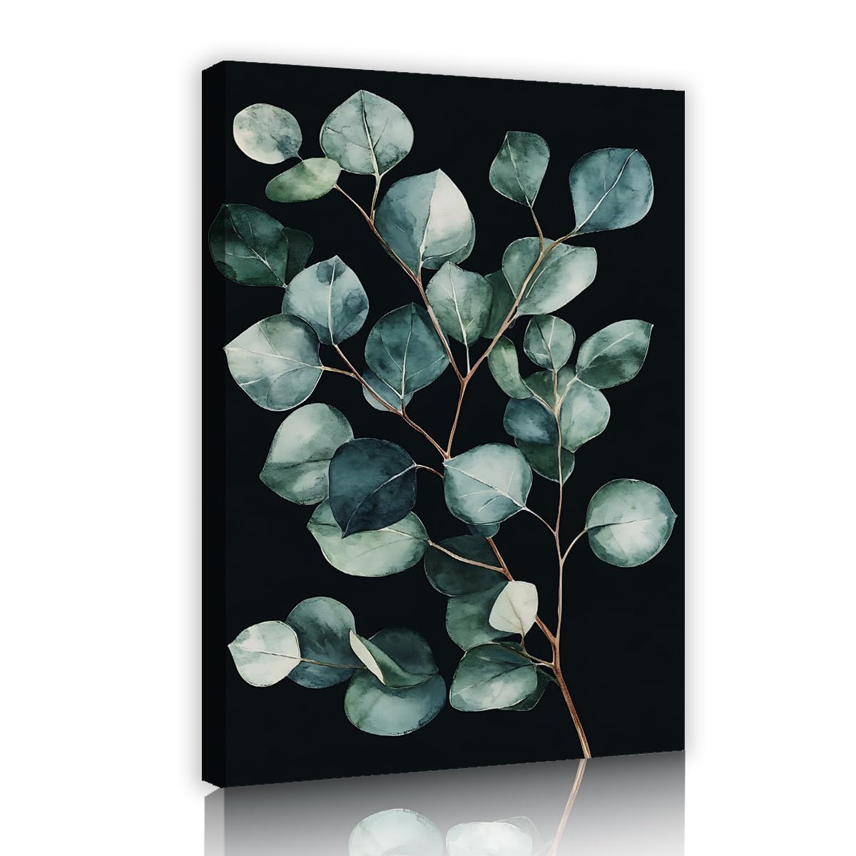 Via Vela Eucalyptus Leaves Framed Canvas Prints Black Background Botanical Plant Picture Watercolor Greenery Wall Decor Poster For Bathroom Dining Room 80x120cm