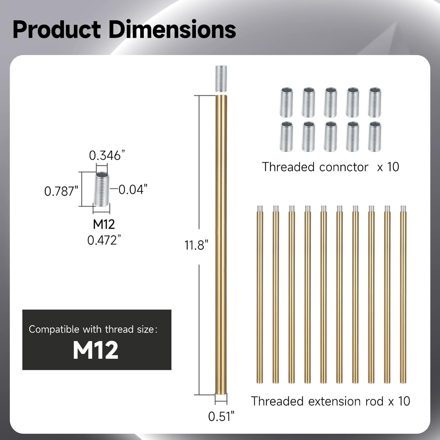 10 Pcs Threaded Extension Rods, Chandeliers, Lighting Fixture Rods & Stems, 10 Pcs Connectors for Pendant Light, Island Lighting