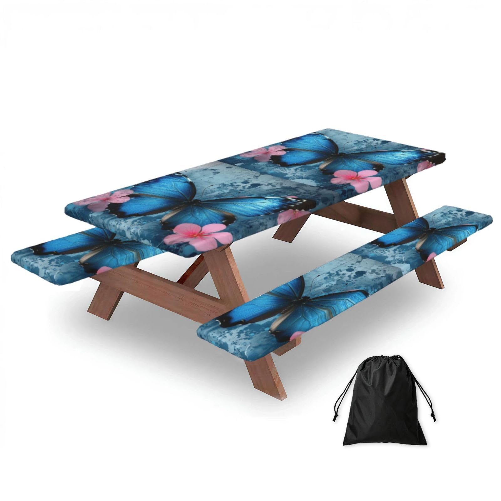 Nappe de pique-nique ajustée avec housses de banc, nappe élastique ajustée, imperméable, pour camping, extérieur, motif papillon bleu aquarelle, fleurs roses, 183 cm