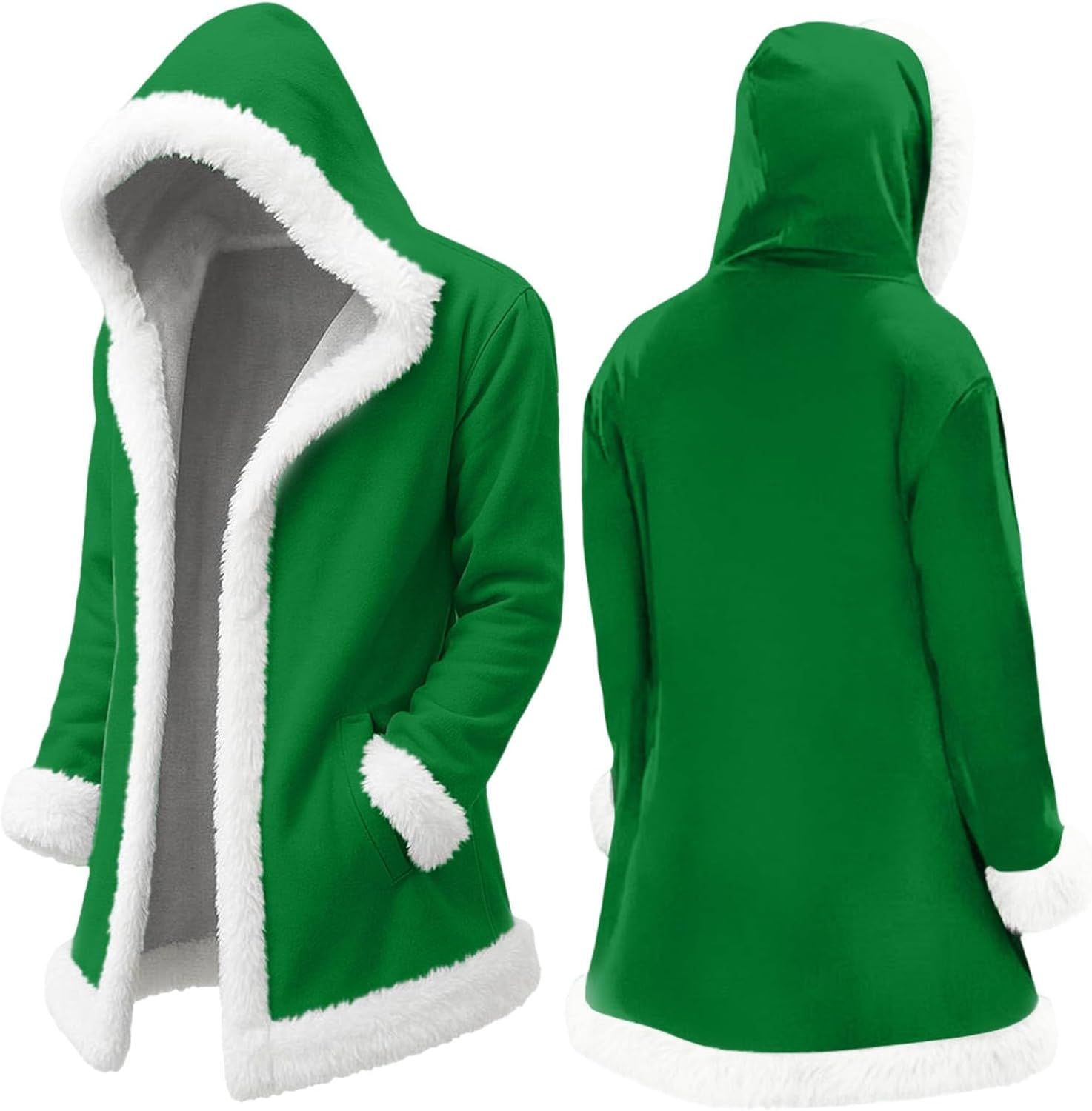 Christmas Men's Long Cardigan Hoodies Women White Faux Fur Trim Warm Santa Claus Xmas Hooded Coat With Pocket