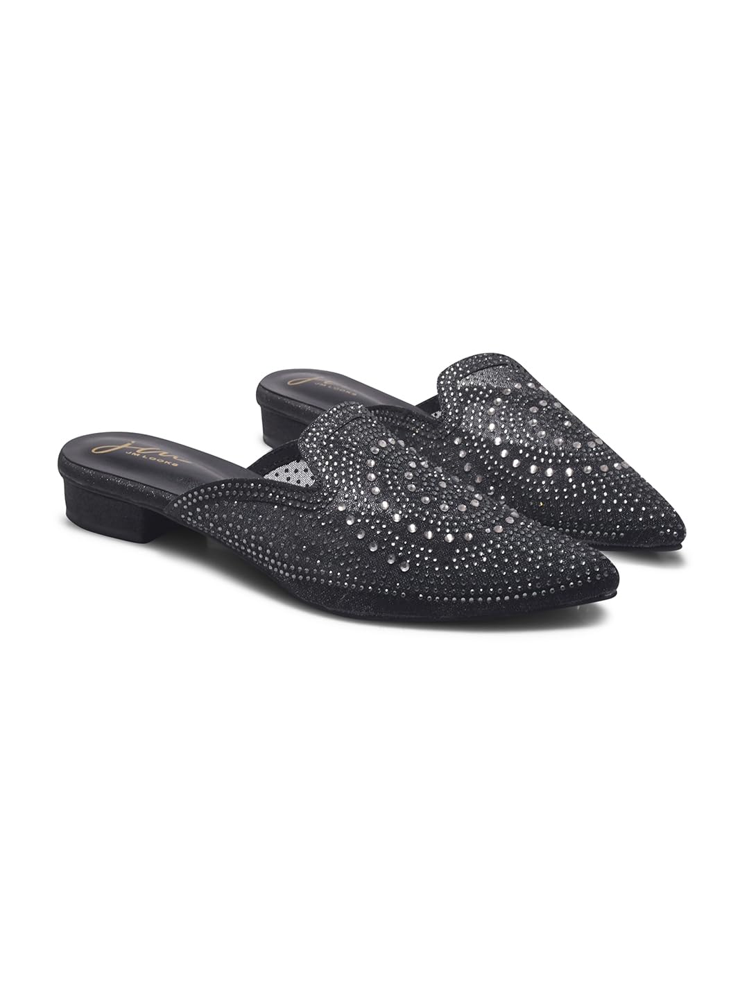 Women's Embellished Mesh low Block Heel Mules | Rhinestone Design | Comfortable Slip-On Pointed Toe Heel Mules For Wedding Party Festival-image-13