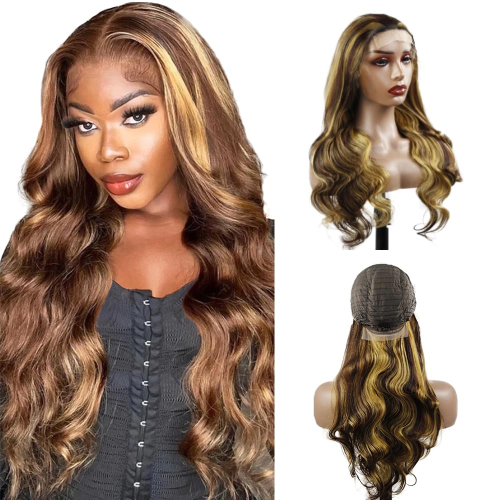 Weeybay Body Wave P4/27 Chocolate Brown With Honey Blonde Highlights 4x4 Lace Front Wigs 26 Inch 180% Density Virgin Natural Hairline Human Hair Wig