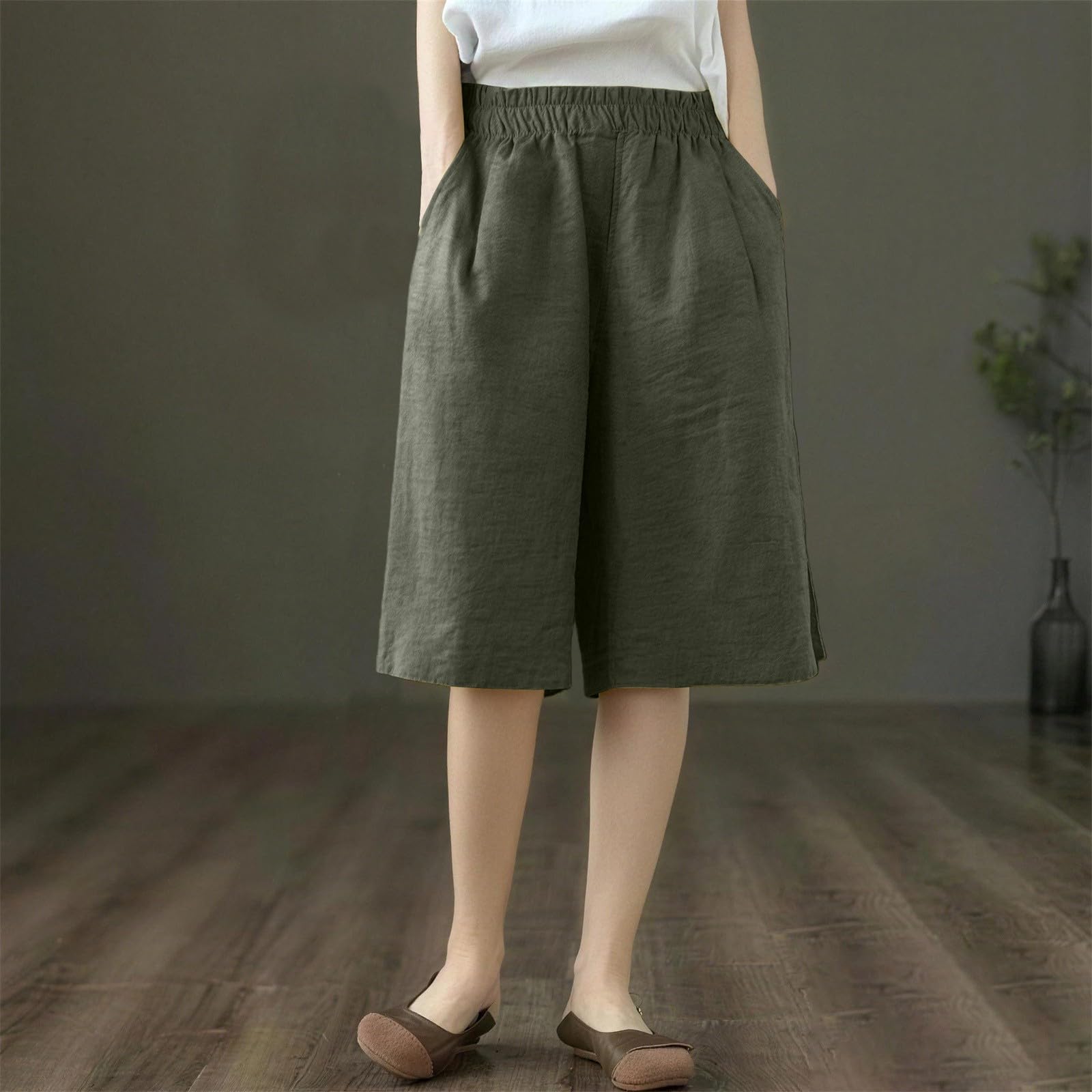 Generisch Short court noir en coton et lin avec coupe à cinq points pour femme, fin, taille haute, ample, amincissant, décontracté, droit, jambe large