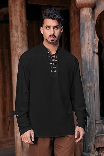 Miniatura 2 de Camisa de pirata medieval para hombre, estilo steampunk, retro, renacentista, vikingo, manga larga, con cordones, mercenario, Halloween, escocesa