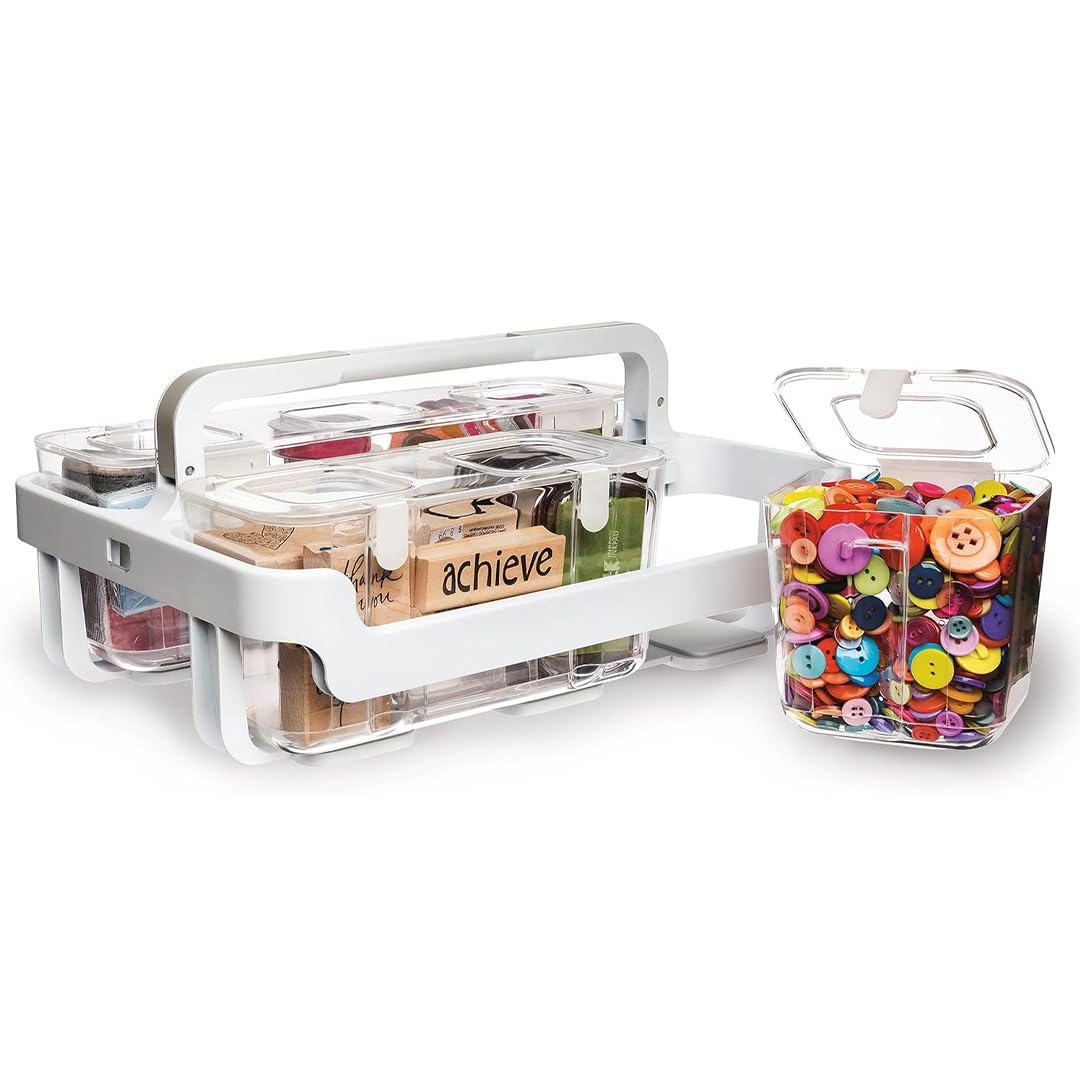 Deflecto Transparent Multi-Compartment Clear Plastic Storage Box Caddy With Lift-Out Boxes & Holder - Portable & Stackable Storage Organiser For Craft Supplies