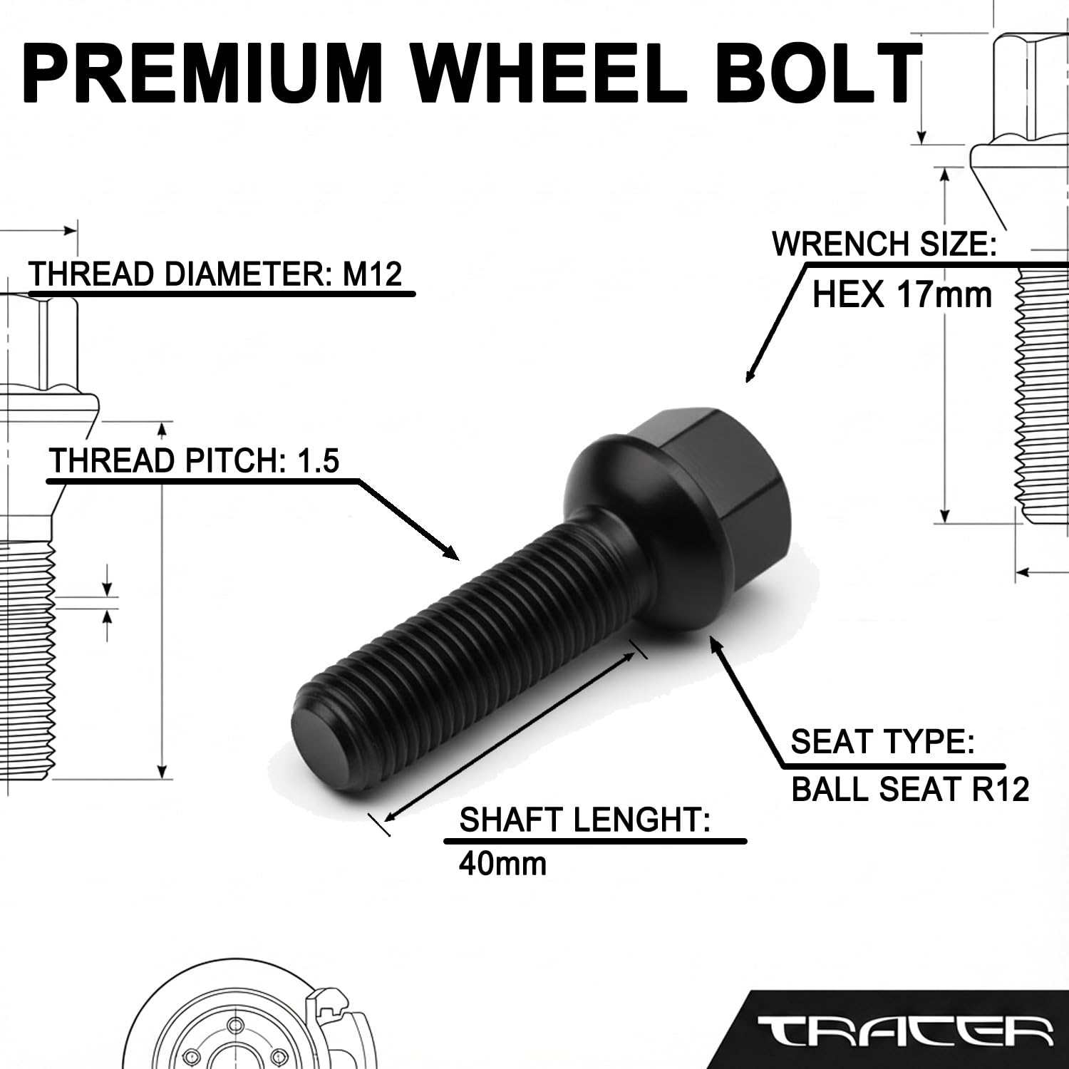 Lot de 20 boulons de roue M12 x 1,5 40 mm R12 Noir Compatible avec jantes en aluminium Mercedes