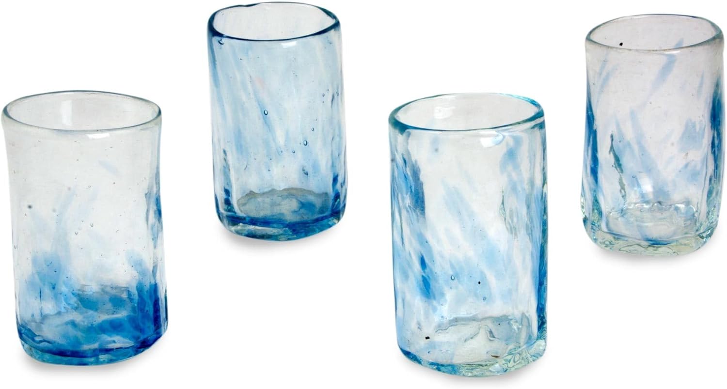 NOVICA Hand Blown Blue Glass Shot Glasses, 3 Oz. 'Azure Mist' (Set Of 4)