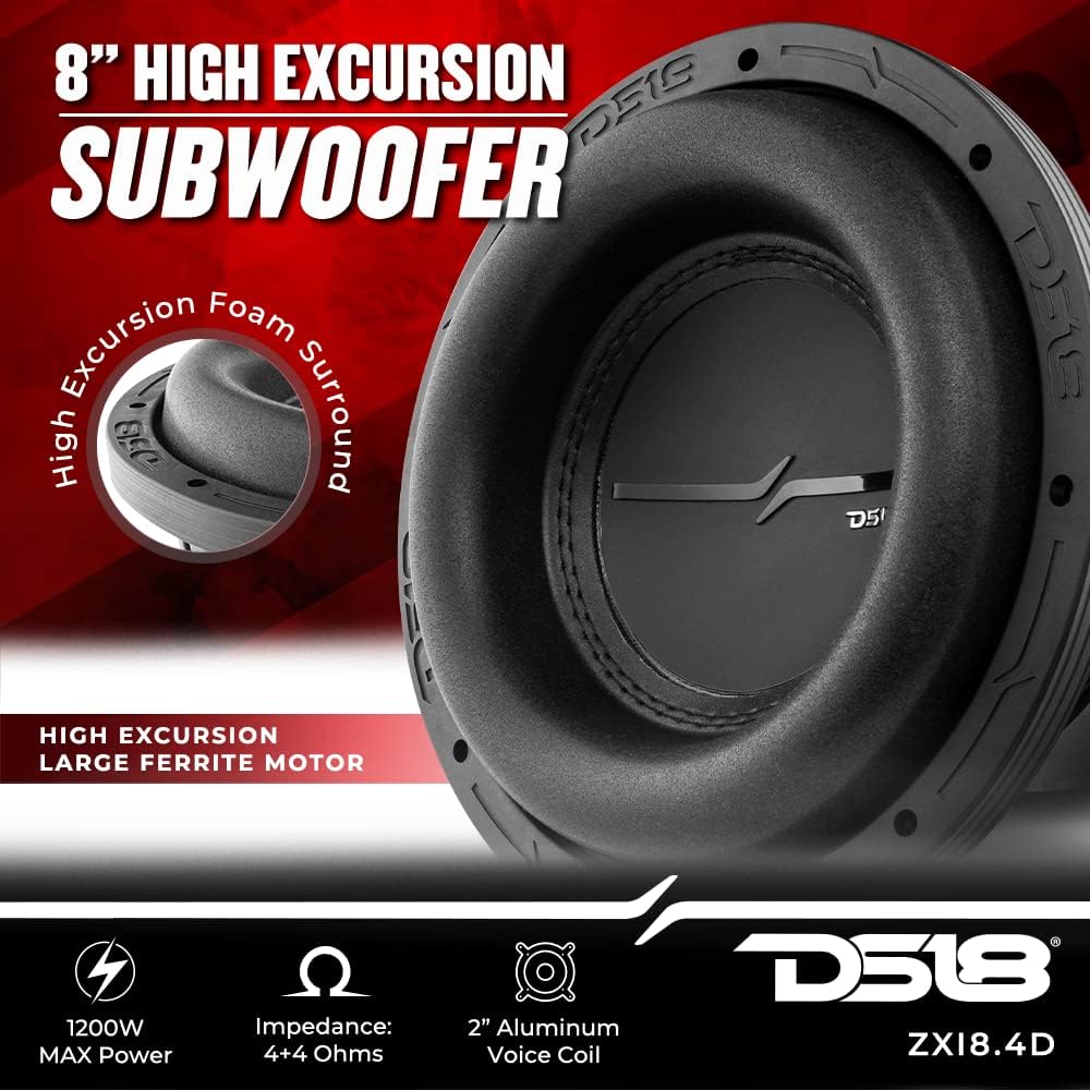DS18 ZXI8.4D Subwoofer highlighting high excursion foam surround, large ferrite motor, 1200W Max Power, 4+4 Ohms impedance, and 2-inch Aluminum Voice Coil