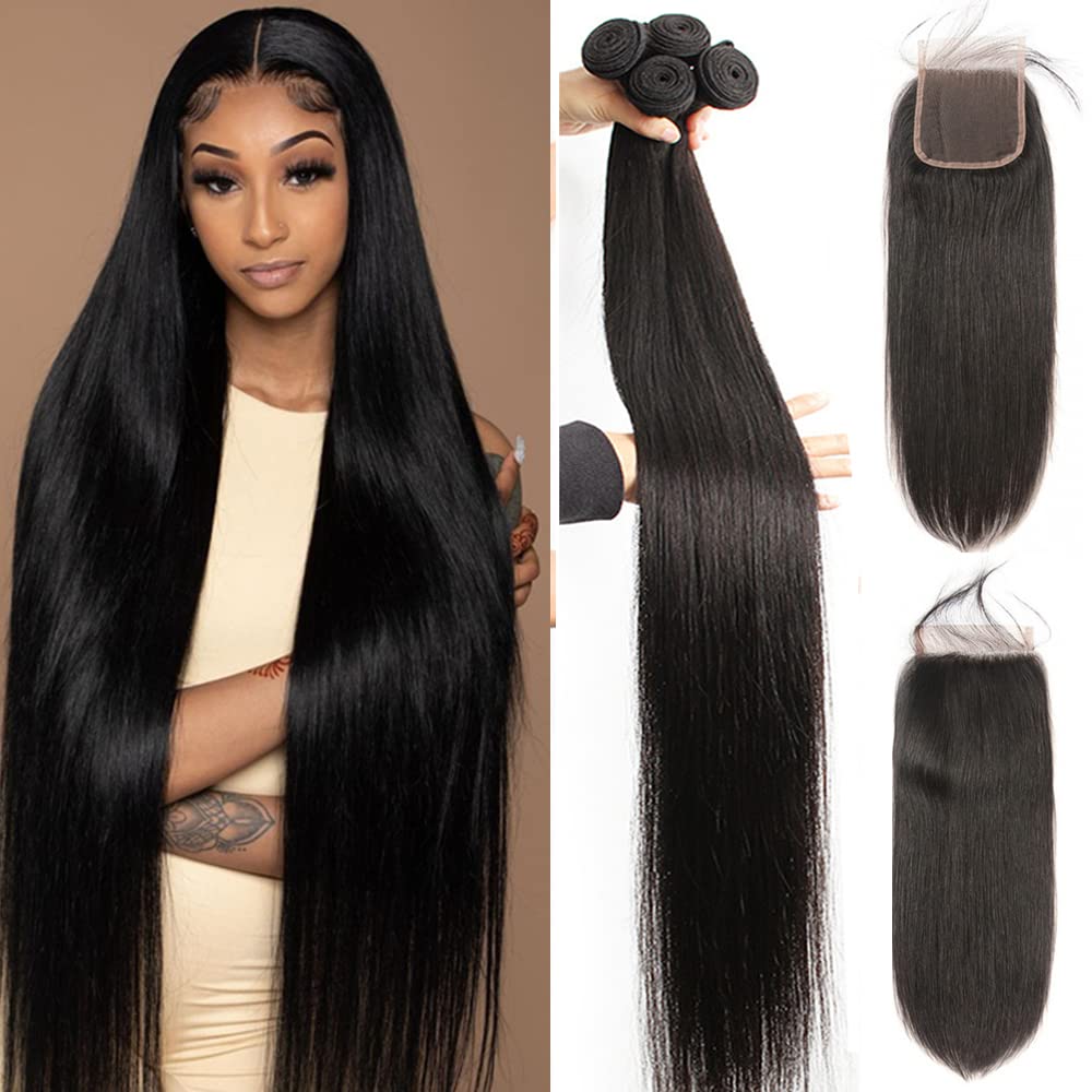 YISEA Straight Hair Bundles with Lace Closure (22 24 26 28+20 Closure) Human Hair 4 Bundles with 4x4 Lace Closure 100% Unprocessed Brazilian Virgin