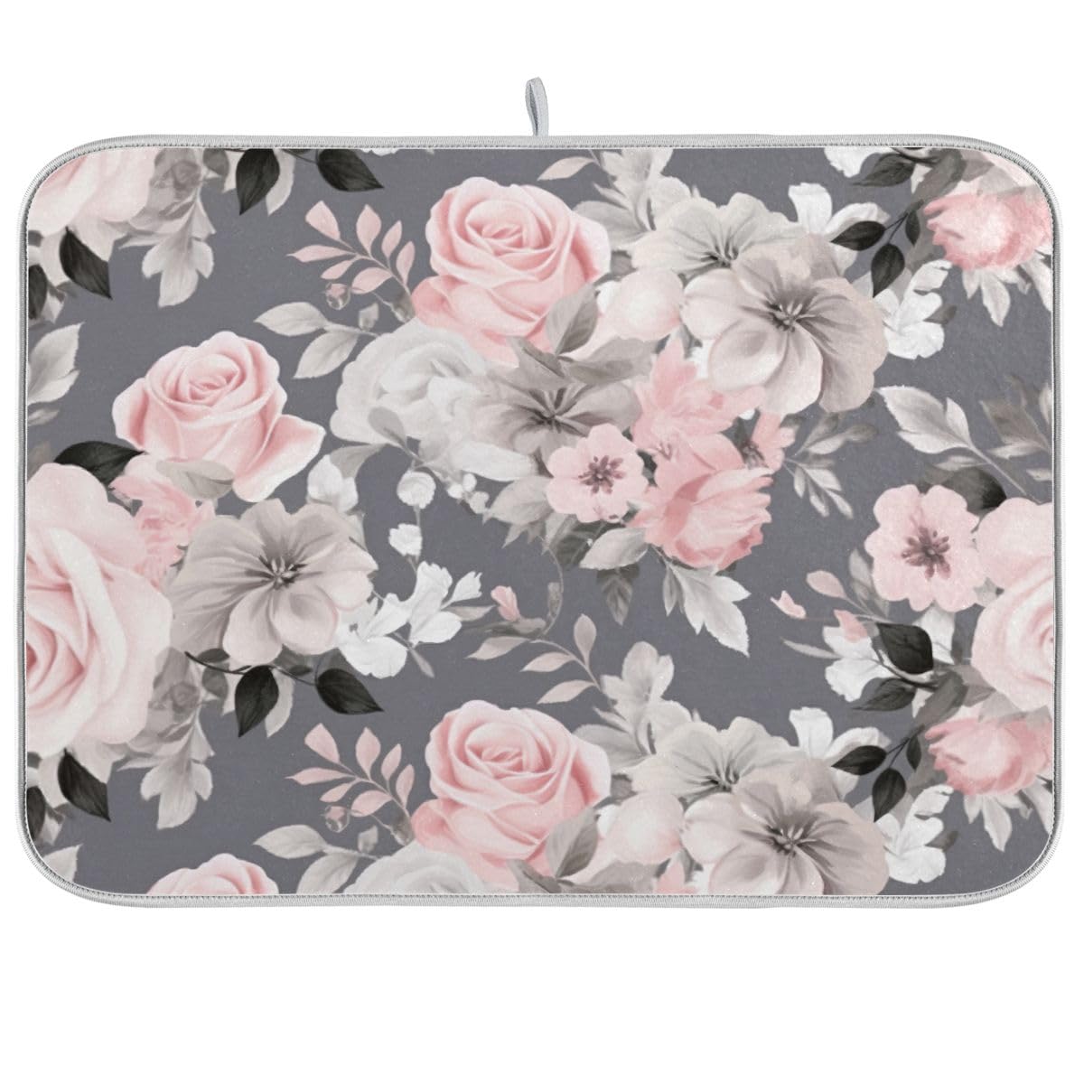 CHIFIGNO Pink Roses Grey Leaves Dish Drying Mat, 16 x 18 Inch Quick Drying Coffee Mat Dish Draining Mat Microfiber for Kitchen Counter Holiday Home Decoration