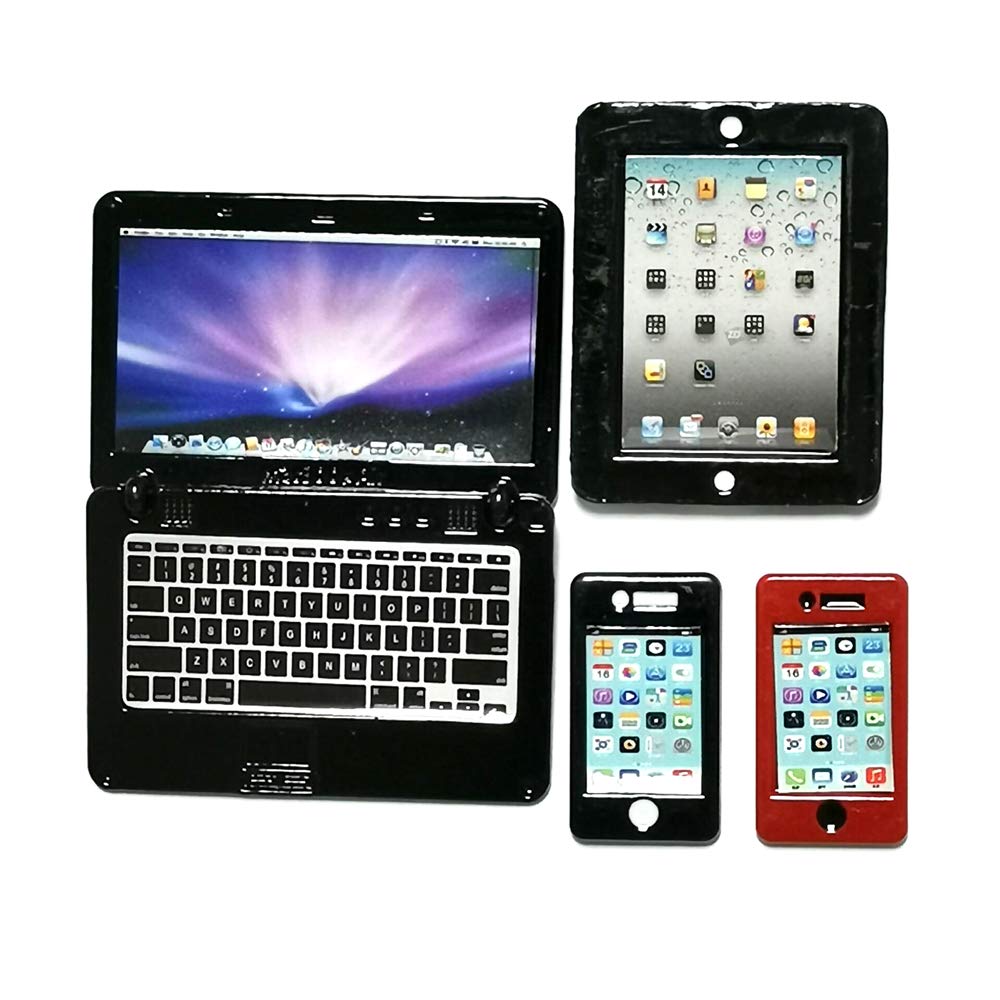 SXFSE Dollhouse Decoration Accessories, 4 Pack 1/12 1/6 Dollhouse Miniature Scene Model Mini Laptop Tablet and Smart Phone Scene Model (Black)