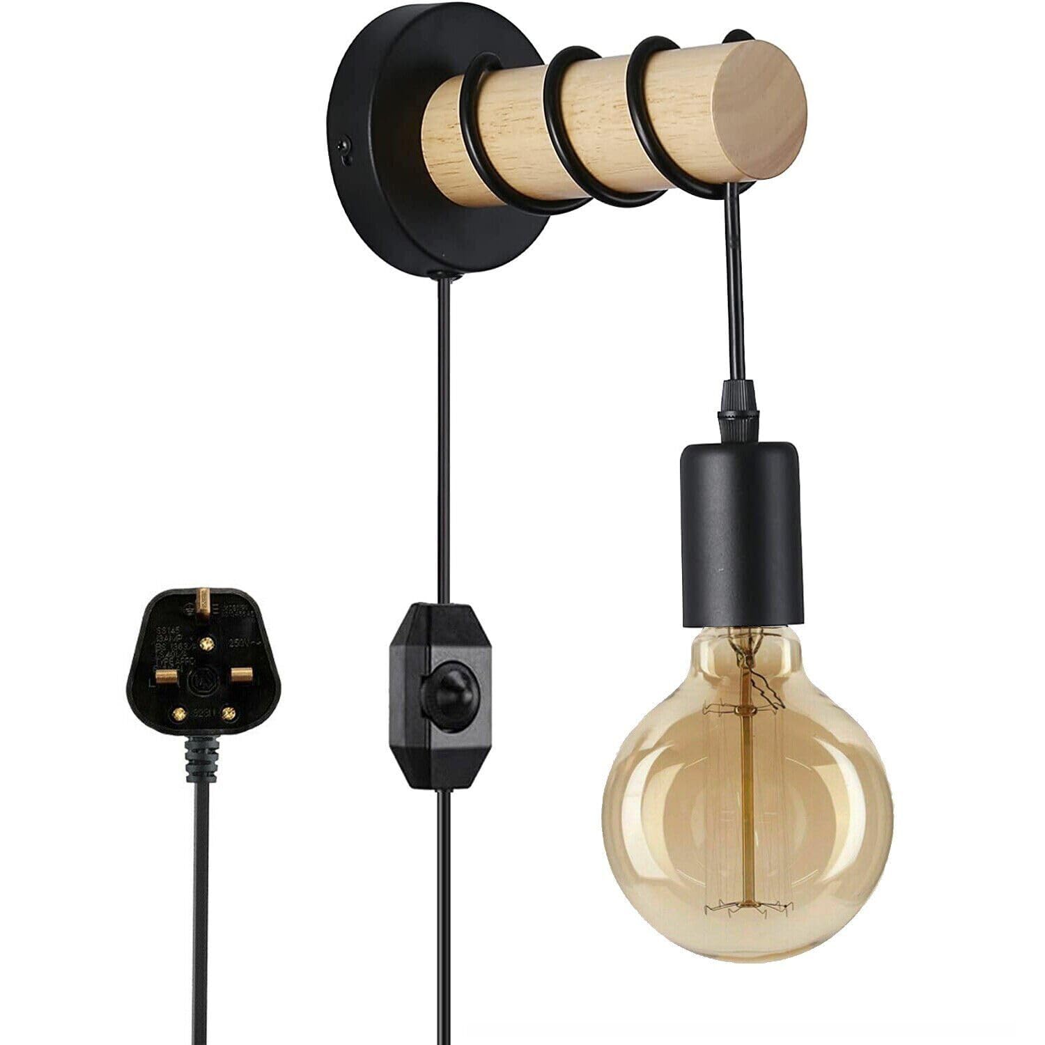 DC VOLTAGE Industrial Wall Lights Plug in Wall Light with Switch Indoor Dimmable Wall Lamp Wood Wall Sconces for Bedroom Living Room Stair Kitchen - Black (Wall Lights 6)