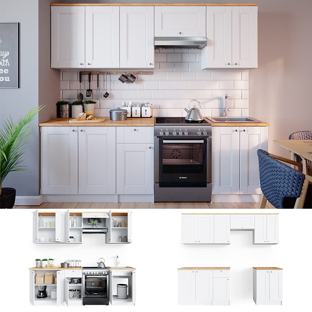 Vicco Mobile da cucina Bergamo, Bianco, 240 cm, PL Goldkraft, con moduli posizionabili variabilmente per una personalizzazione individuale